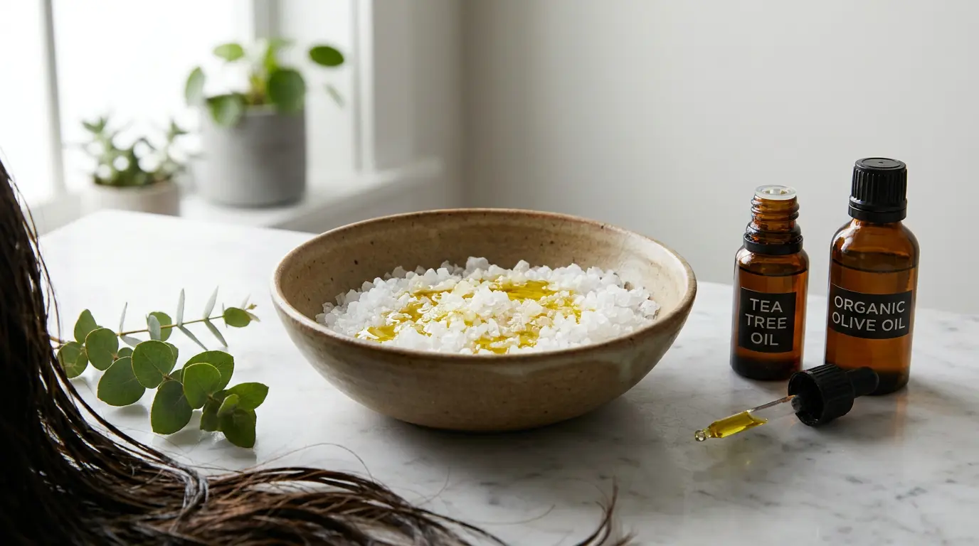 Sea salt and tea tree oil scalp scrub in a spa-style setup