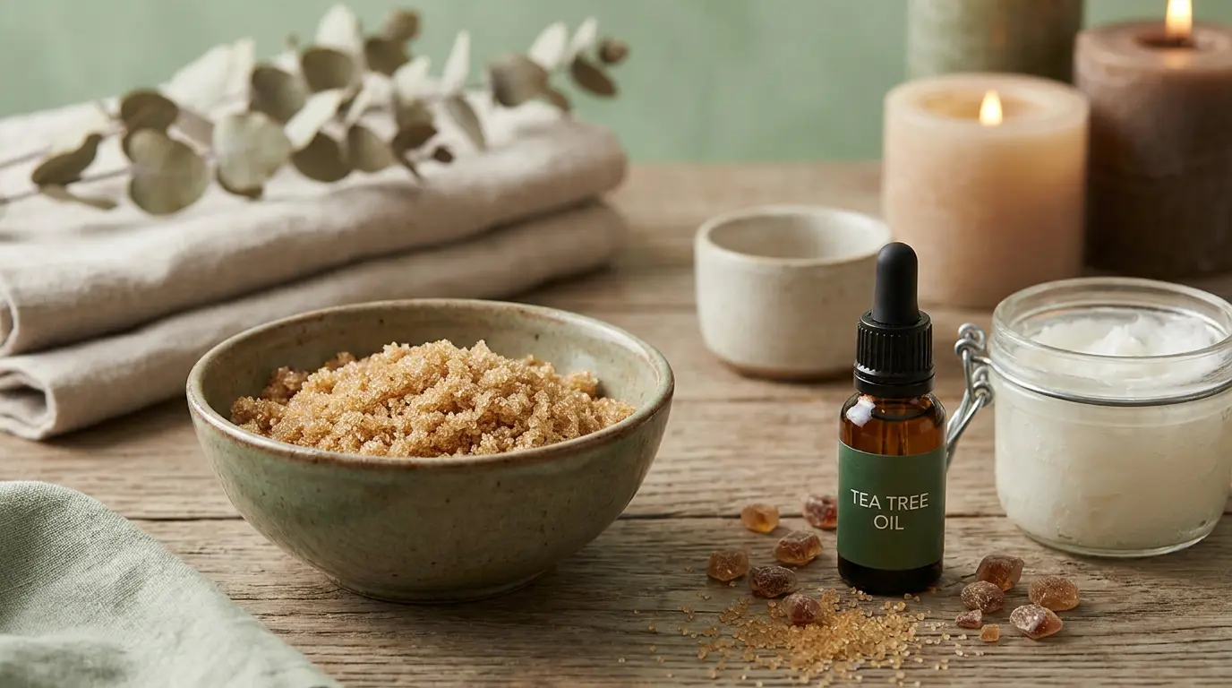 Tea tree oil dropper and brown sugar for a DIY scalp scrub for dandruff and itchy scalp