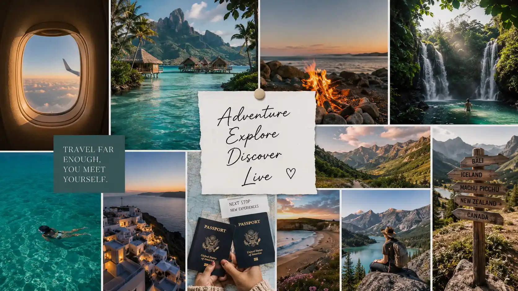 Travel vision board collage with cobblestone streets, mountain trail, and passport
