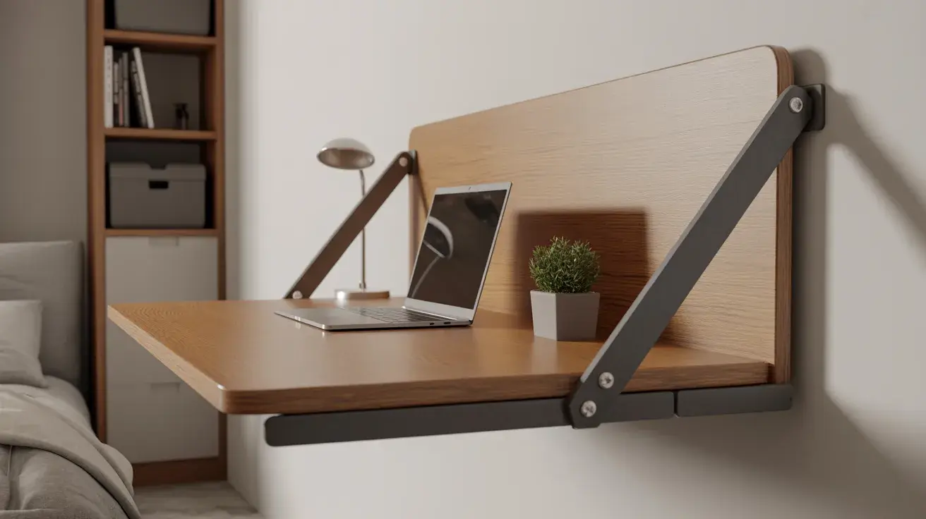 Wall-mounted fold-down standing desk with a wooden surface, laptop, and small plant in a compact home workspace