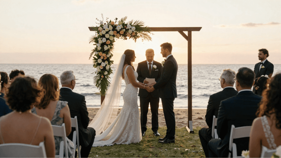 A beautiful outdoor wedding ceremony on a sunlit lawn by the ocean, with the bride and groom exchanging vows