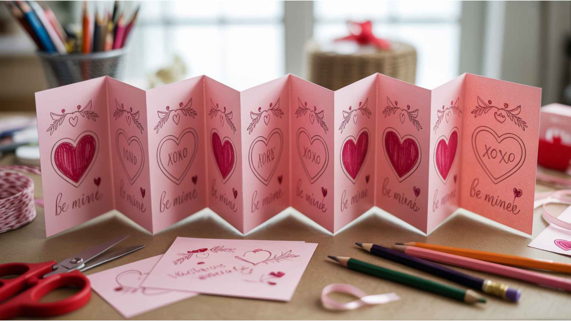 Handmade accordion Valentine’s card with multiple panels filled with messages and drawings.
