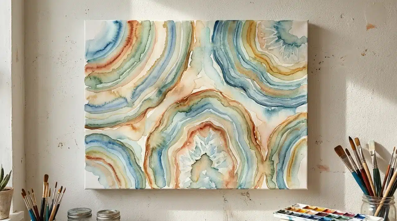 Canvas with watercolor patterns resembling agate slices, soft blended blues and browns.