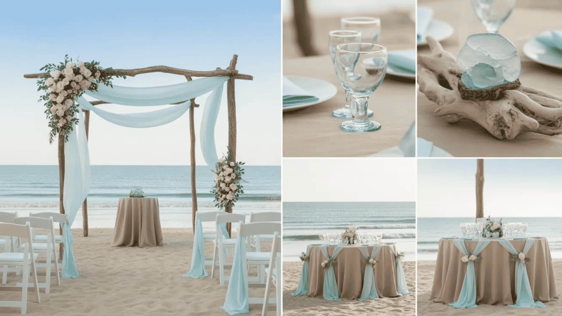 Aqua and sand wedding decor with beach setup and coastal details