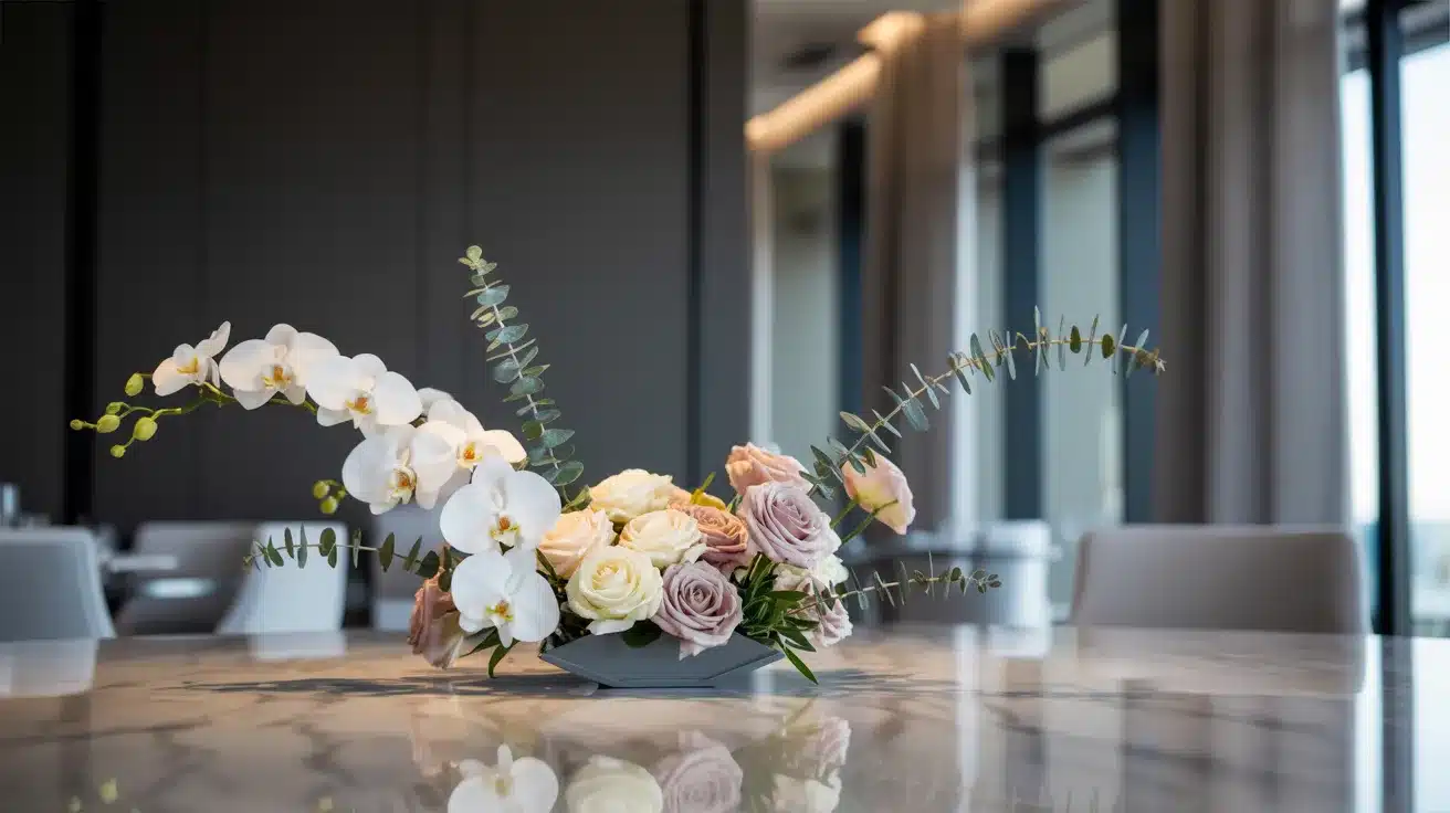Modern asymmetrical floral wedding centerpiece