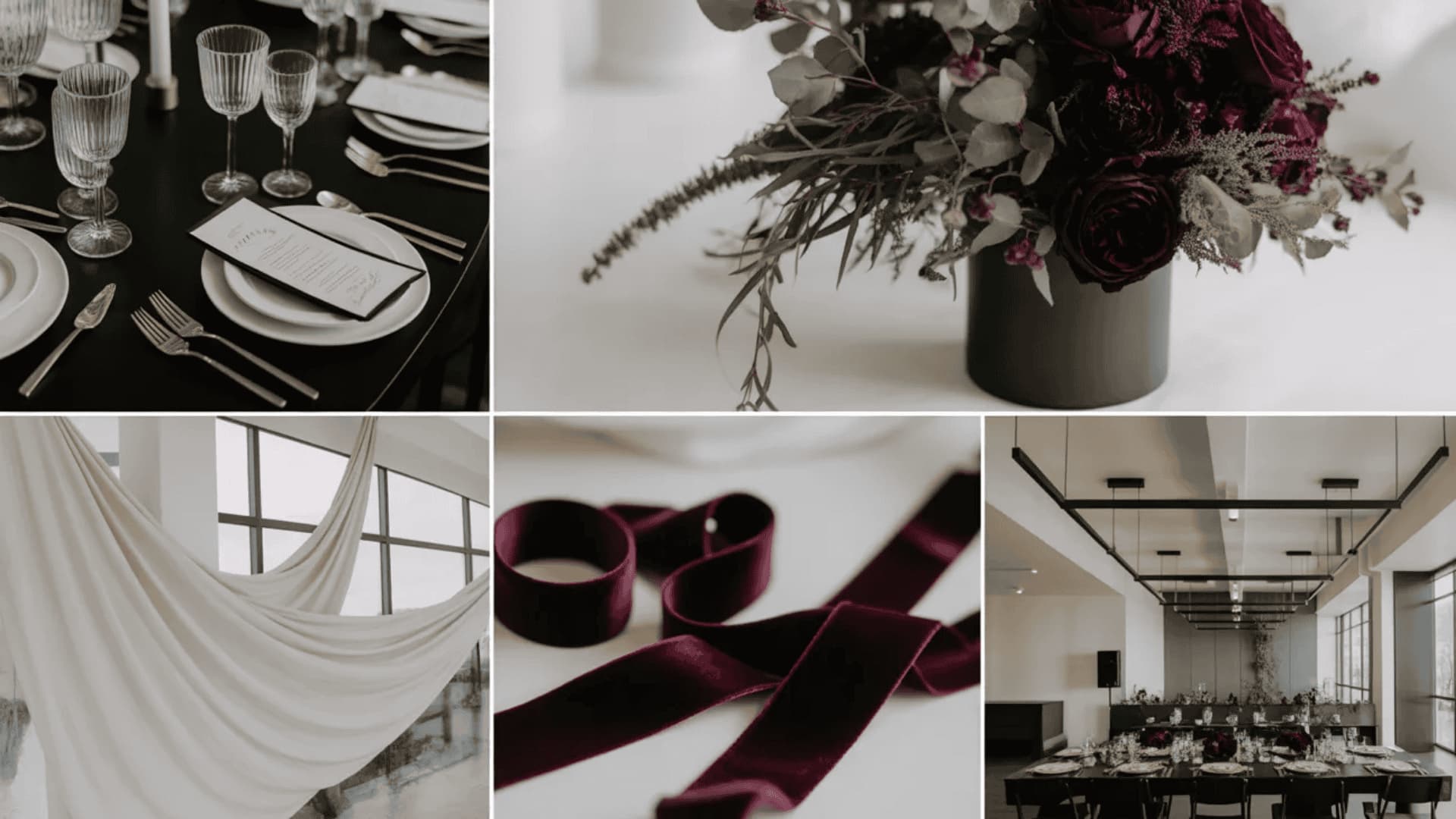 Black white and plum wedding decor with florals and moody indoor setup