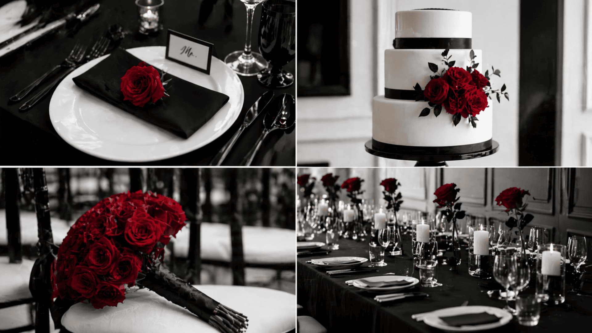Black white red wedding collage with single rose accents