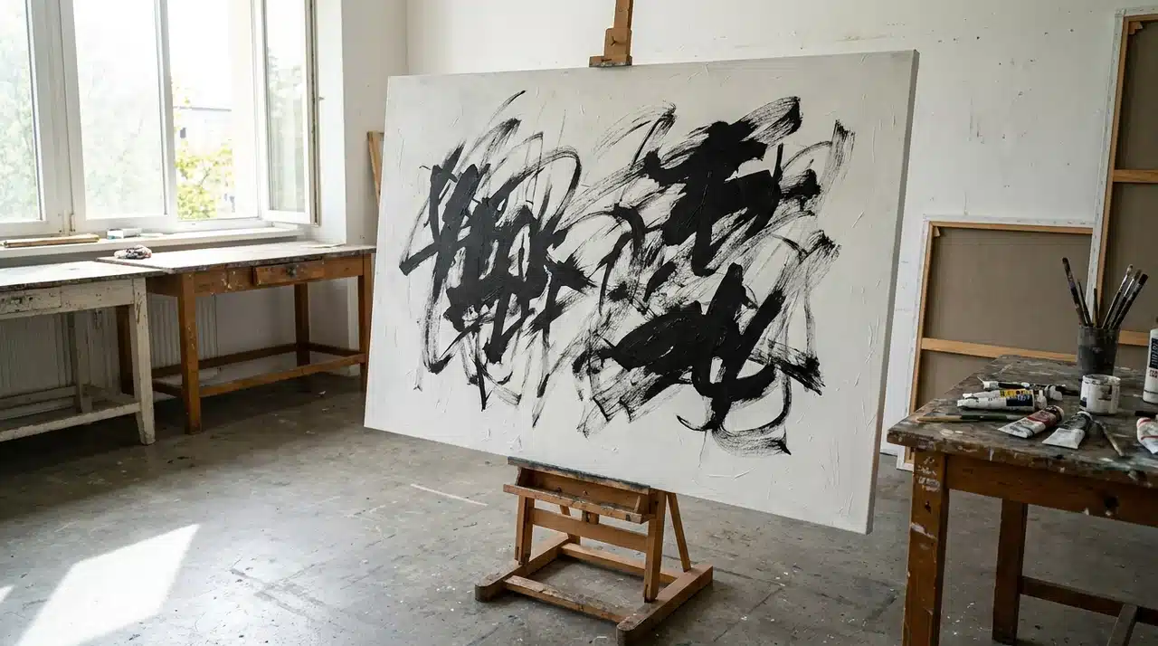 Canvas with bold black brushstrokes on a white background in a bright studio.
