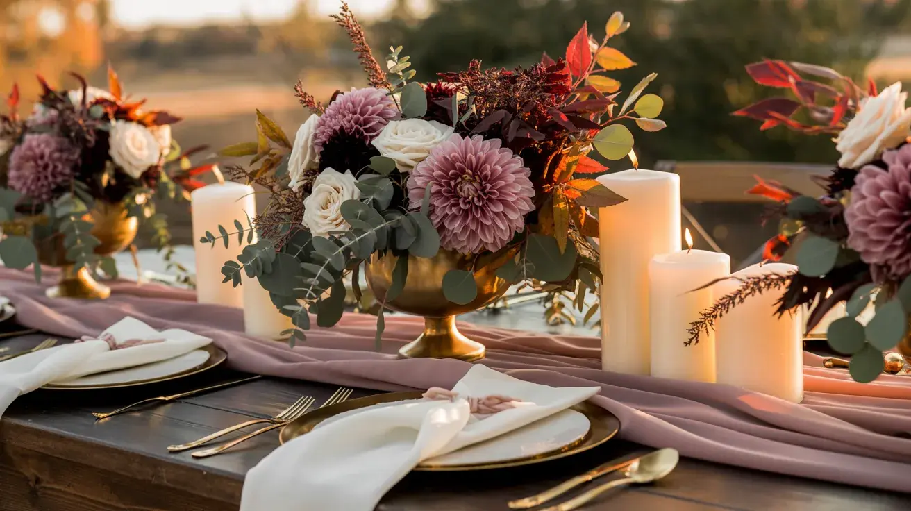 Blush and burgundy fall wedding table with floral centerpieces, eucalyptus, and candles set on a soft mauve runner at sunset