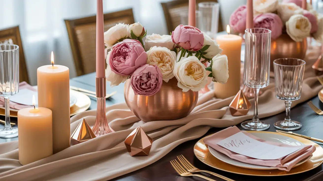 Blush and ivory floral centerpiece in a copper vase with candles, gold accents, and soft draped linens