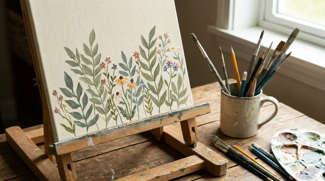 Canvas painting of green leaves and small colorful flowers on a tabletop with brushes.