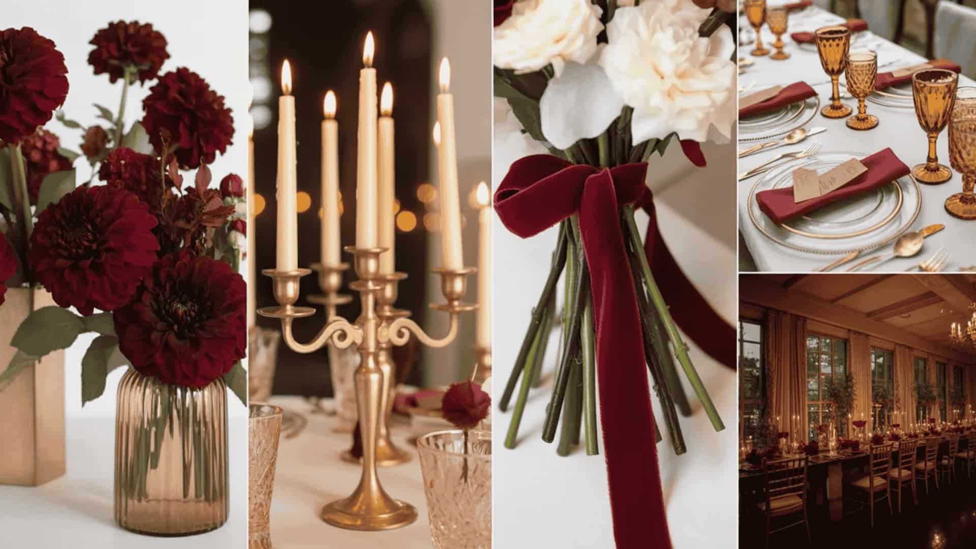 Burgundy and gold wedding decor with florals, candles, and elegant table setup