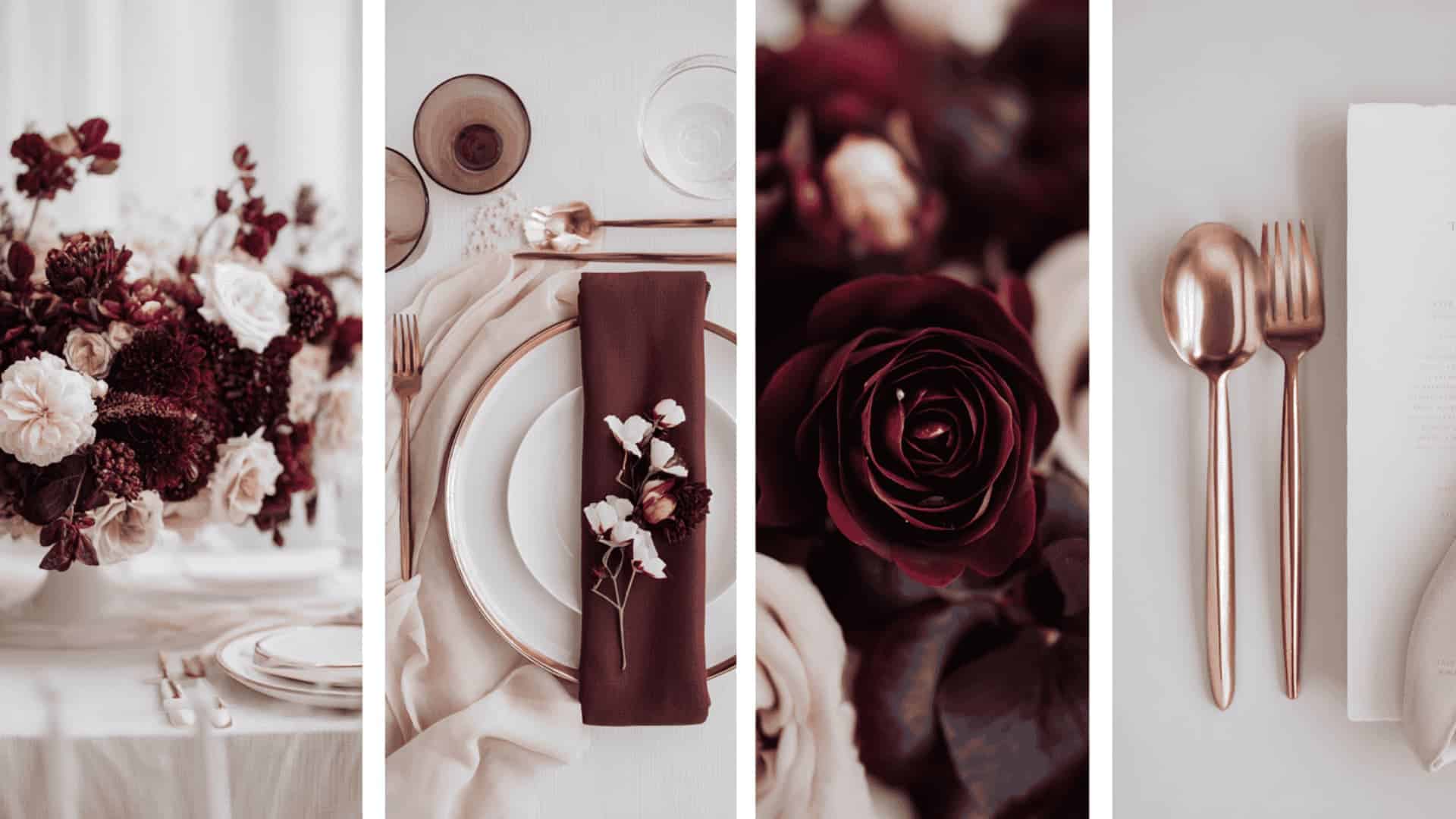 Burgundy and rose gold wedding collage with rich tones