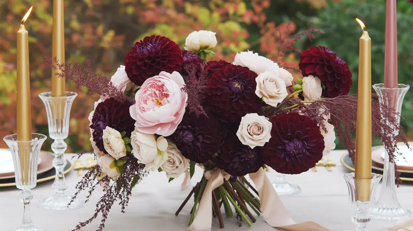 Burgundy and blush fall wedding centerpiece with dahlias, roses, and gold taper candles on a table setting