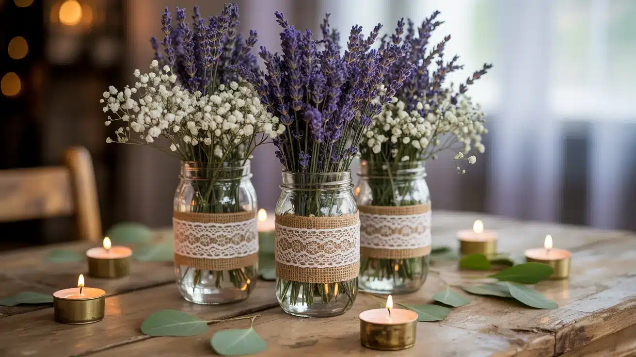 Burlap and lace vase with wildflowers