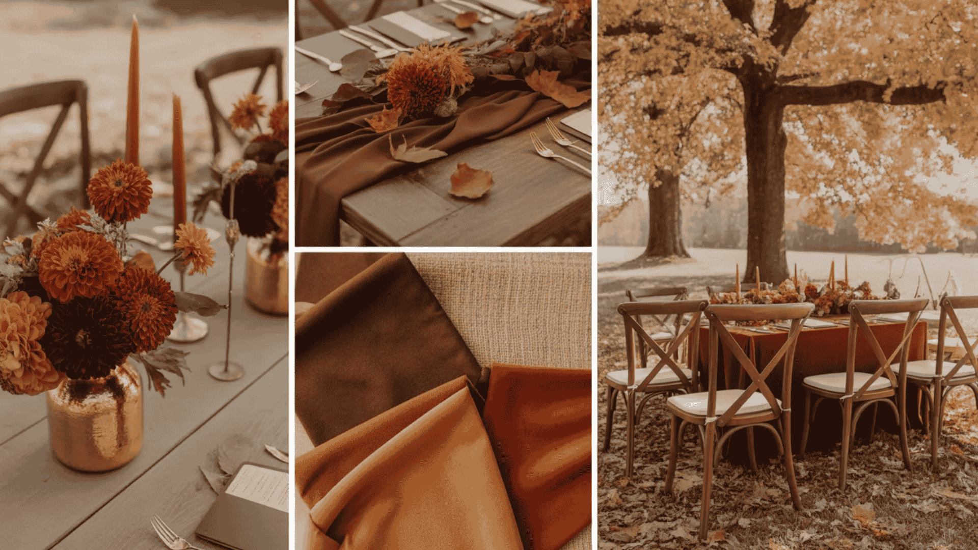 Burnt orange and brown wedding decor with autumn florals and rustic styling