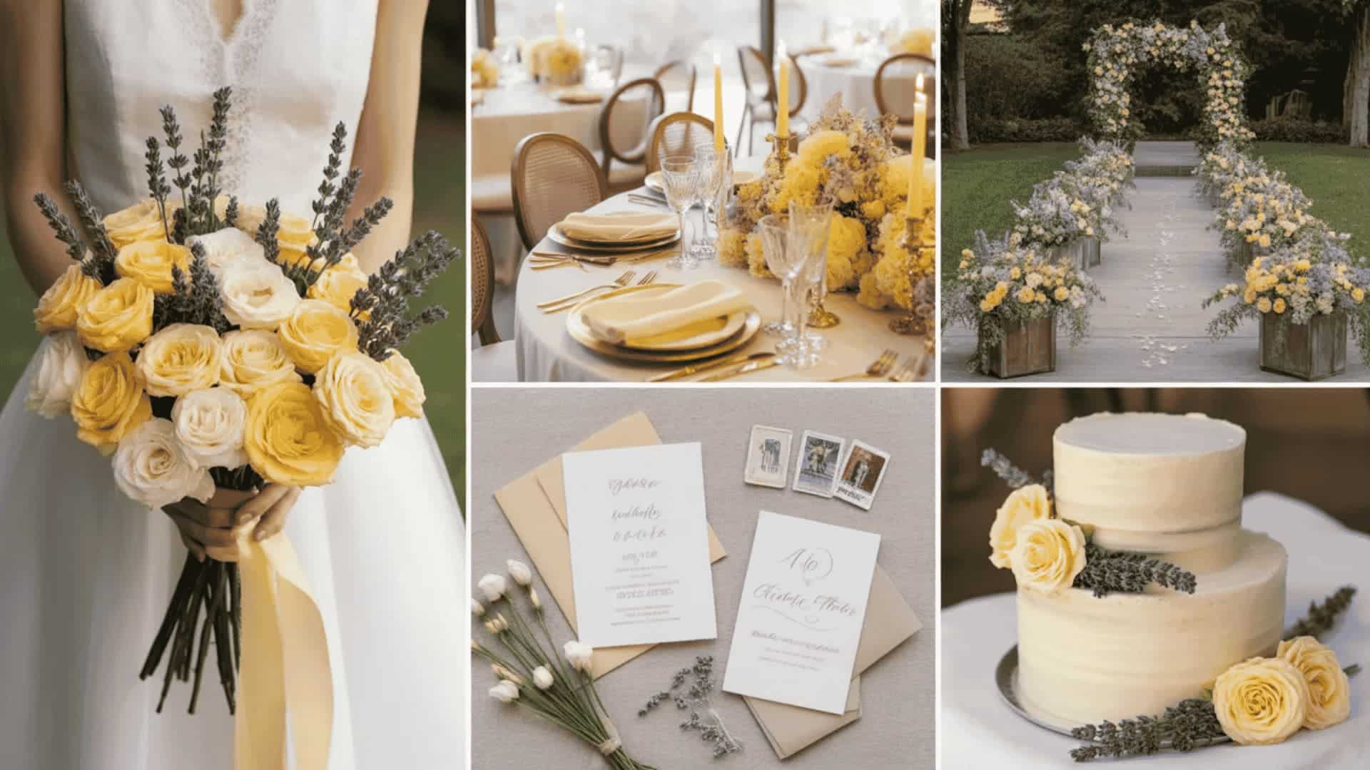 Butter yellow and lavender wedding decor with flowers, aisle, and outdoor setting