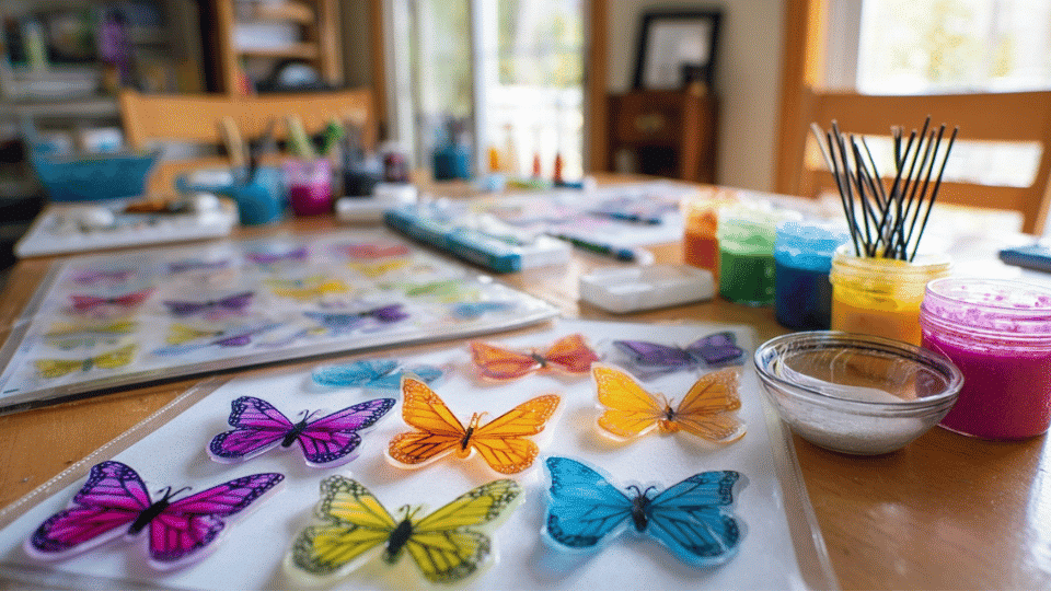 Butterfly window clings on table with glue and food coloring.