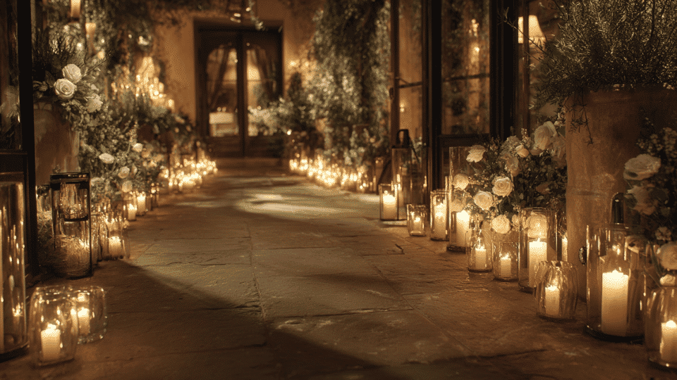 Wedding reception entrance lined with glowing candles, lanterns, and soft floral decor