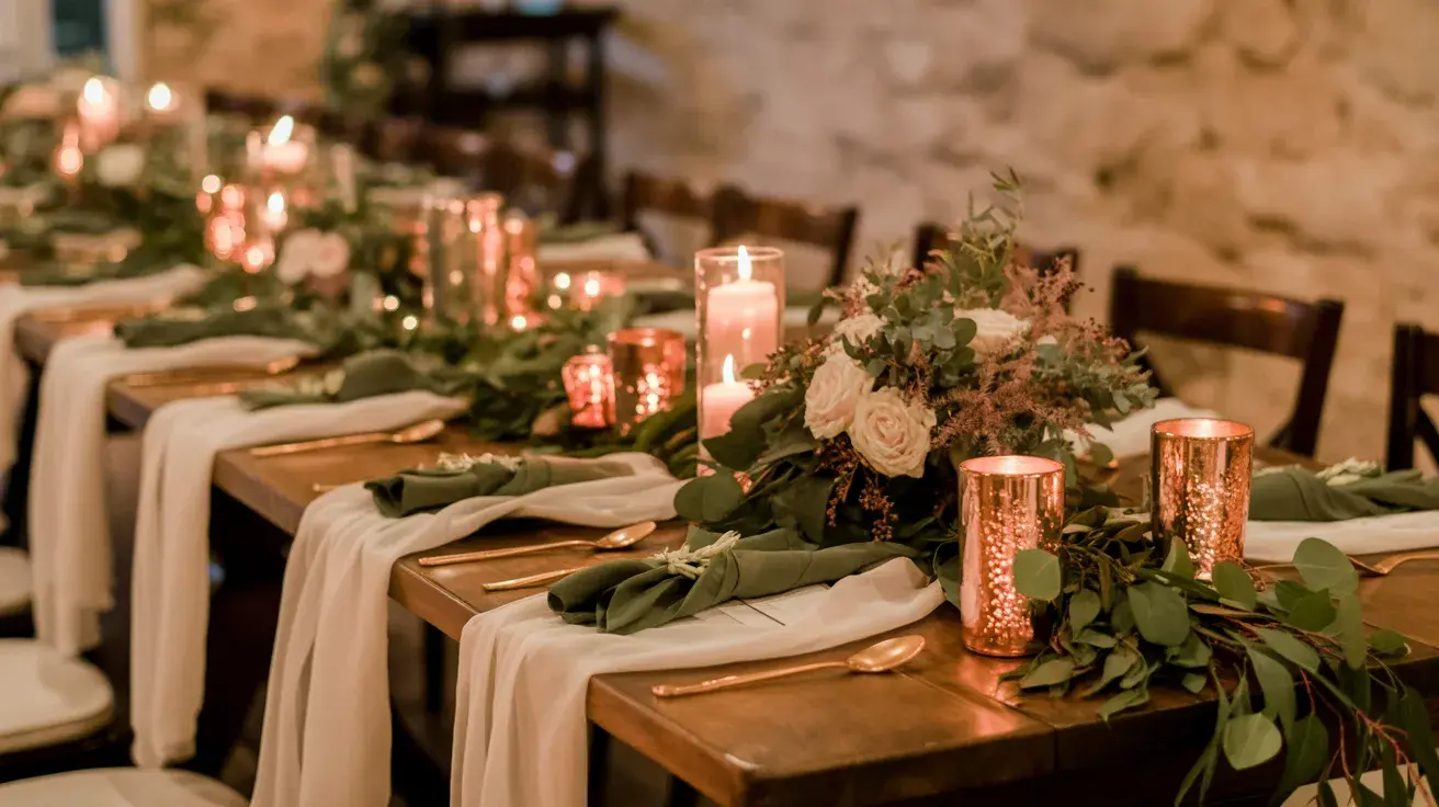 Candlelit wedding table with copper details, cream linens, and olive greenery creating a intimate ambiance