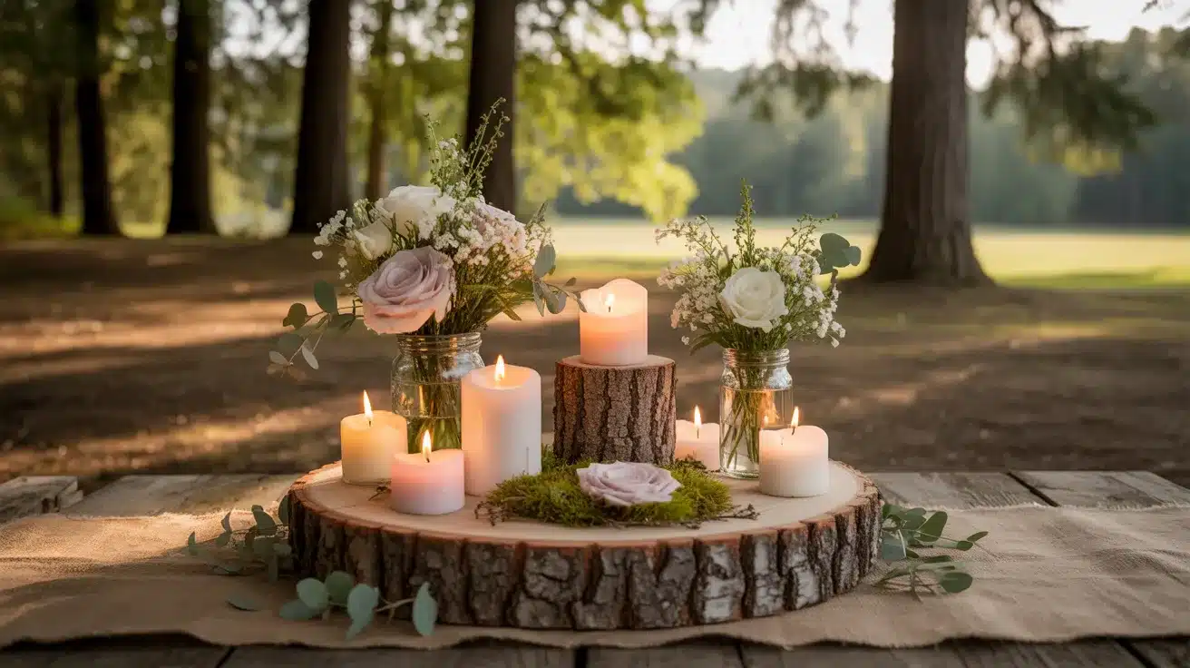 Tree slice centerpiece with candles and greenery