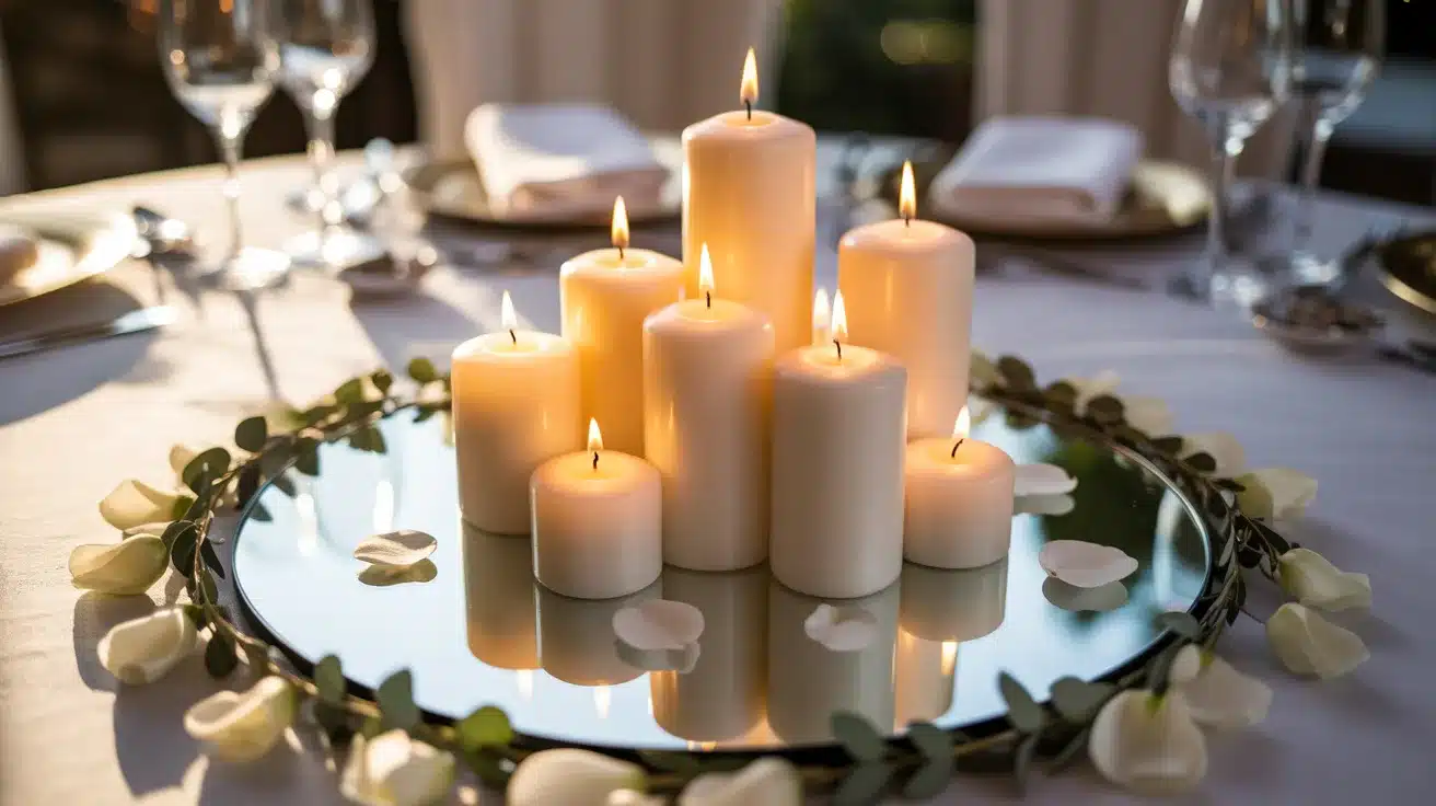 Candles displayed on reflective mirror base
