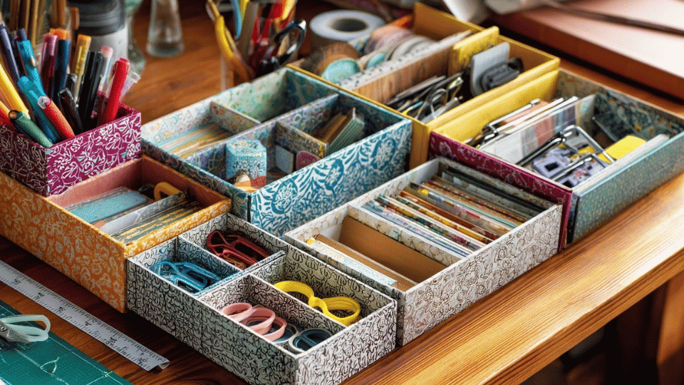 Cereal box organizers on table with glue, ruler, and paper.