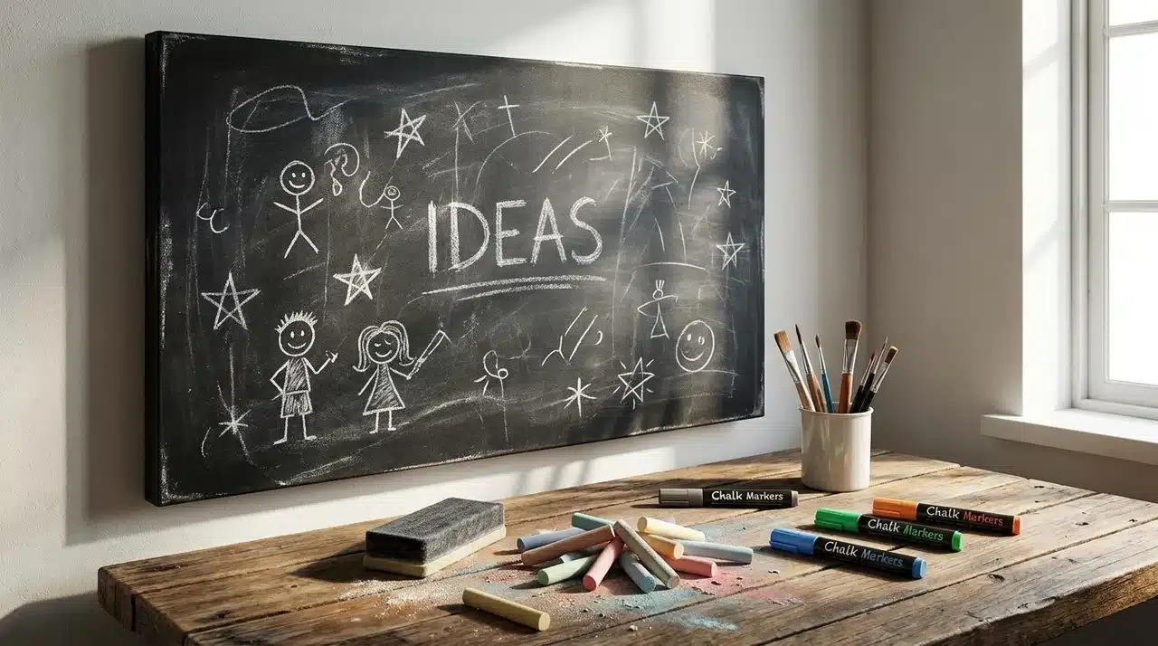 Black chalkboard canvas with chalk drawings and markers scattered on a wooden table.