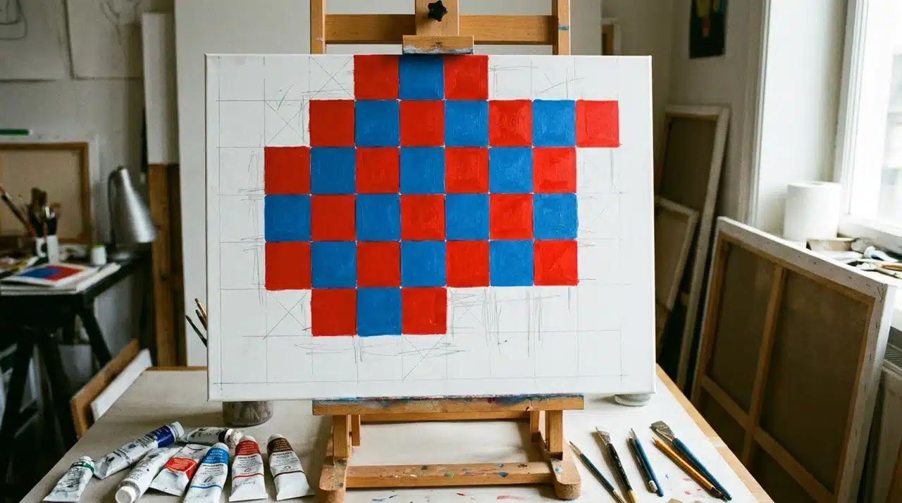 Canvas with red and blue squares forming a checkerboard pattern, brushes nearby.