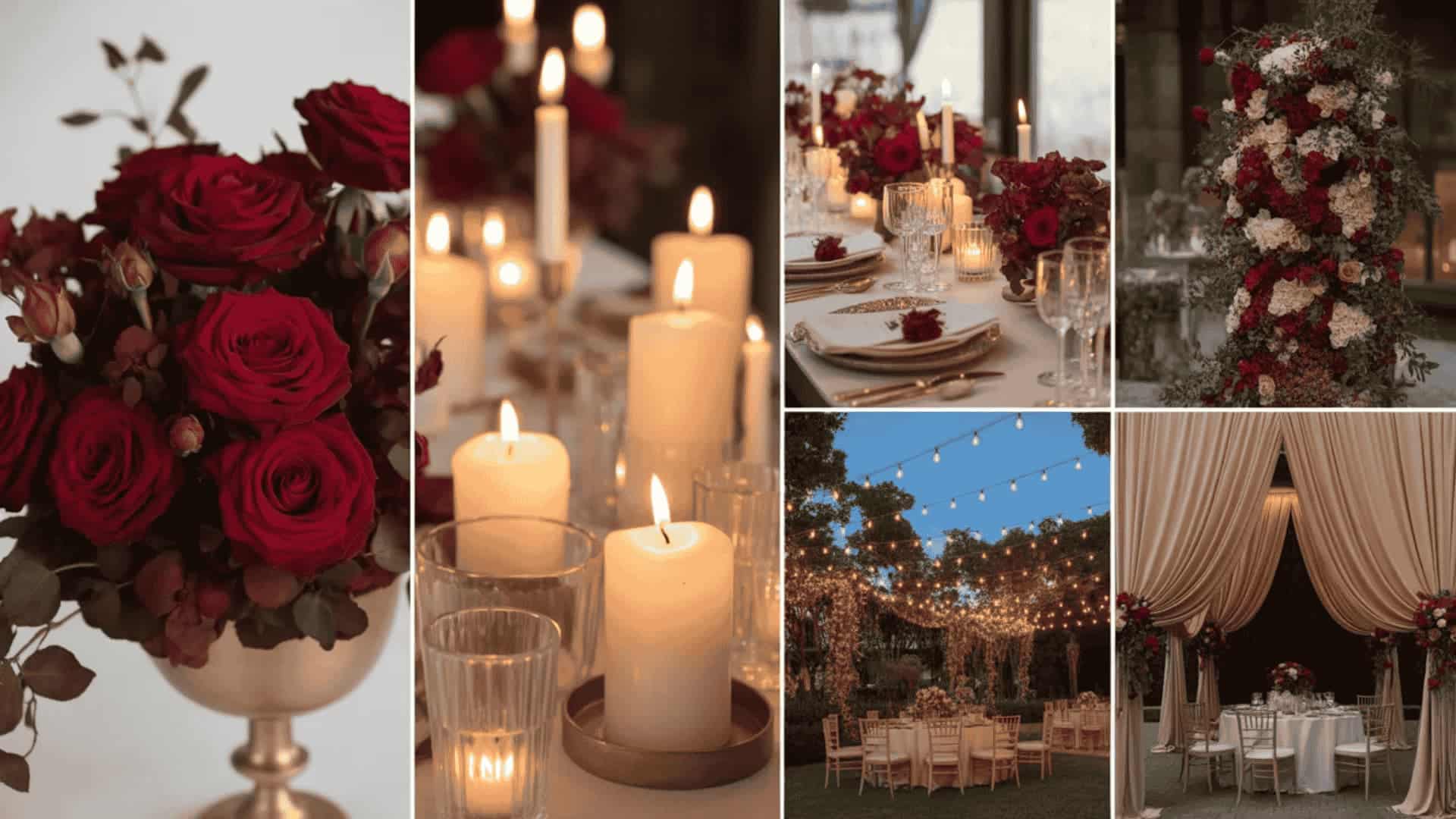 Cherry red and ivory wedding decor with roses, candles, and evening setup