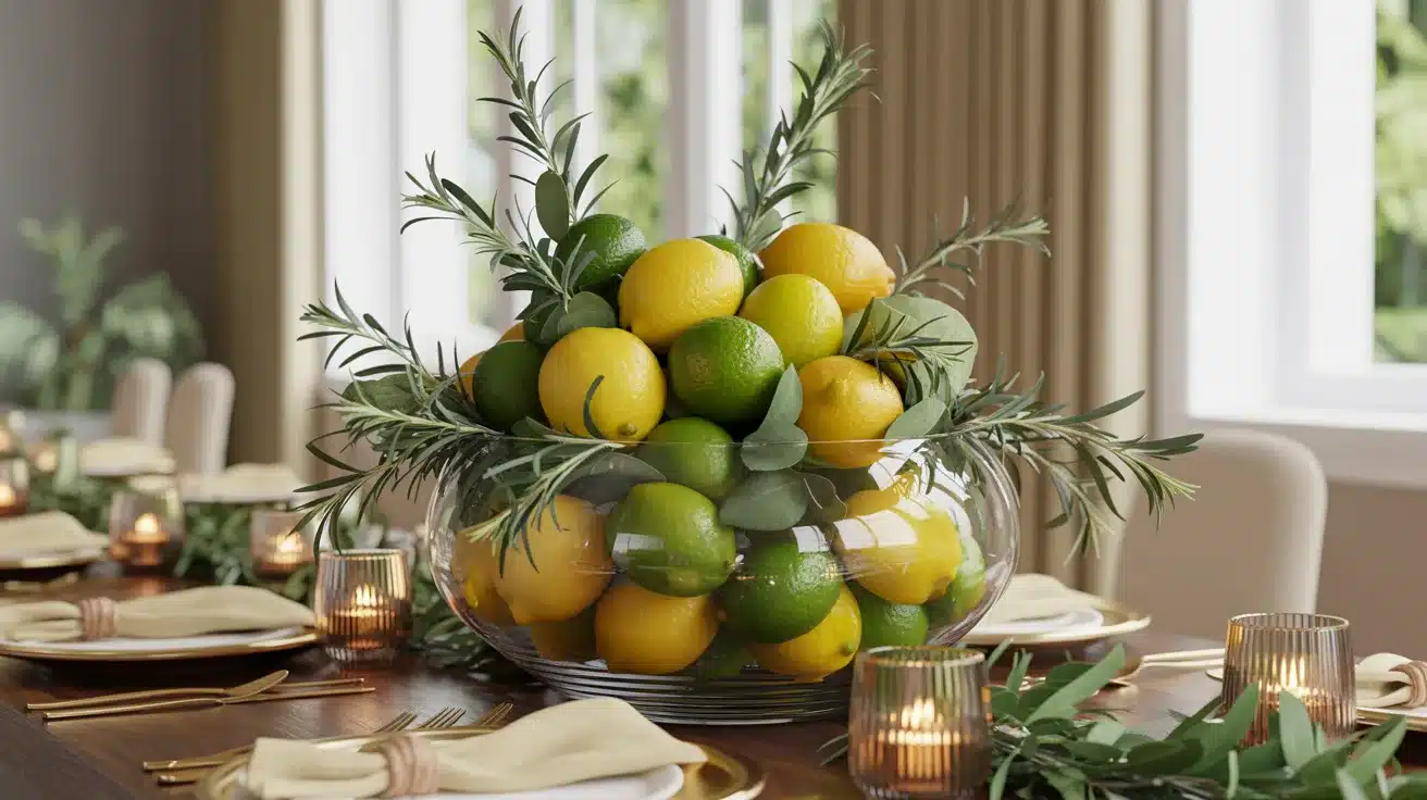 Fruit-filled bowl centerpiece with fresh flowers