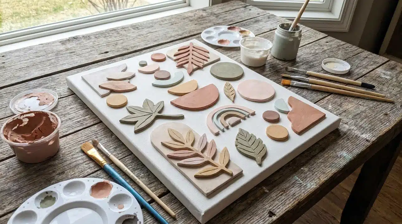 Canvas displaying painted air-dry clay shapes arranged neatly, palette and brushes beside it.
