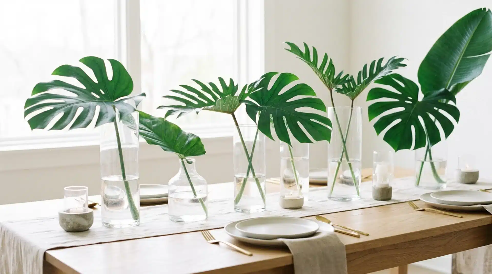 Clear vase with tropical leaves and water