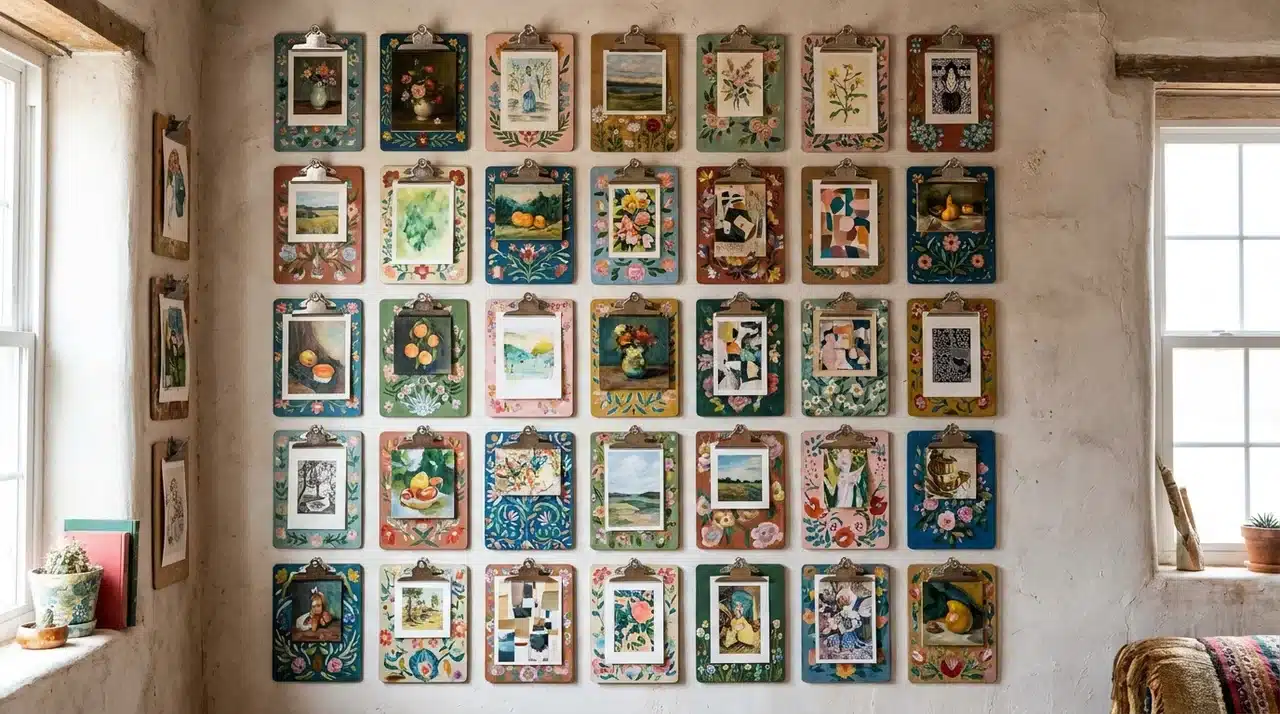 Multiple clipboards painted and displaying small artworks, arranged on a wall.