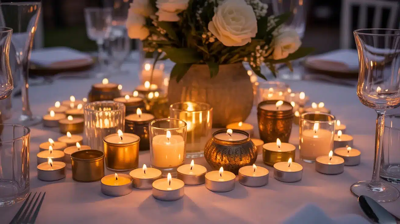 Clustered tea light candles in mixed holders