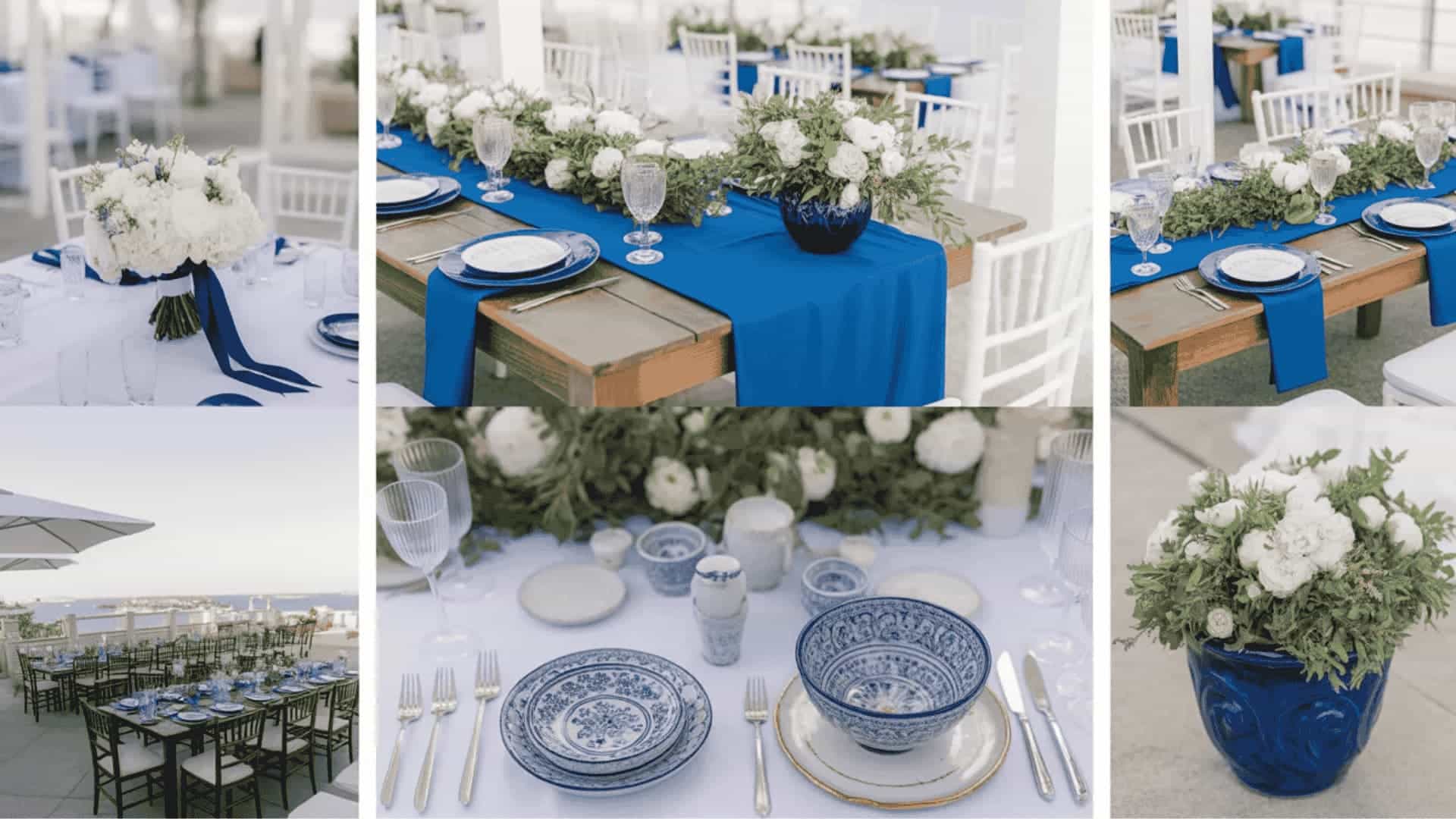 Cobalt blue and white wedding decor with table styling and outdoor setup