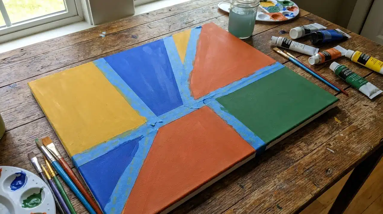 Canvas with geometric color block design in blue, yellow, red, and green on a table.