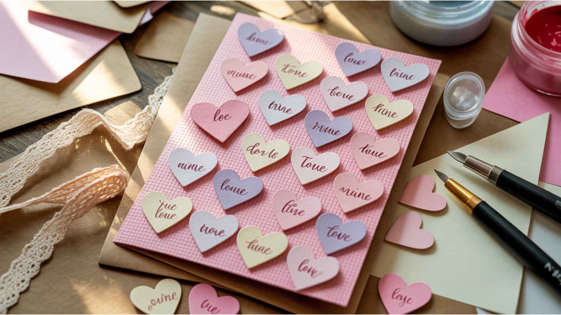 Cute homemade Valentine’s card with pastel heart shapes featuring phrases like Be Mine and True Love.