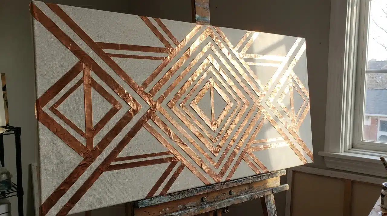 Canvas with geometric copper tape patterns reflecting light, placed on an easel.