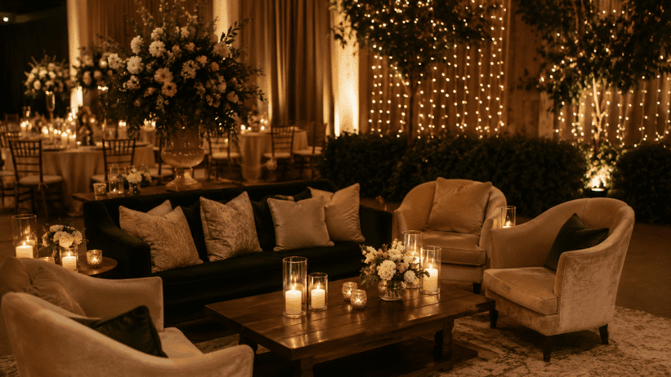 Cozy wedding lounge seating with velvet chairs, candles, rugs, and fairy lights