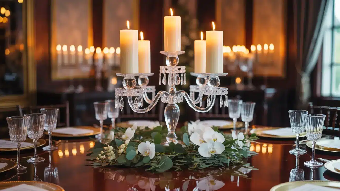 Crystal candelabra centerpiece with glowing candles
