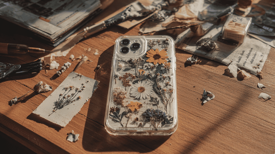 Custom clear phone case on table with glue and paper scraps.