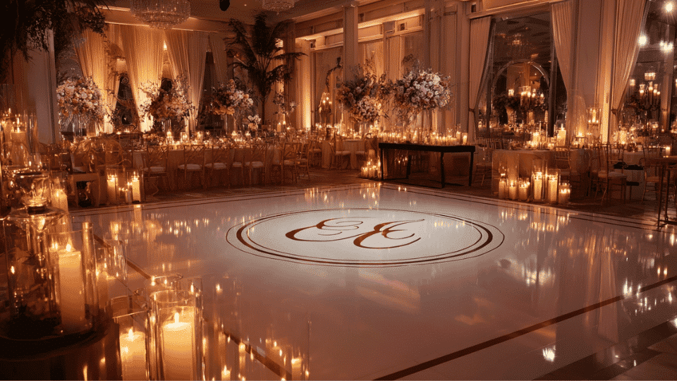 custom wedding dance floor with monogram design and romantic lighting