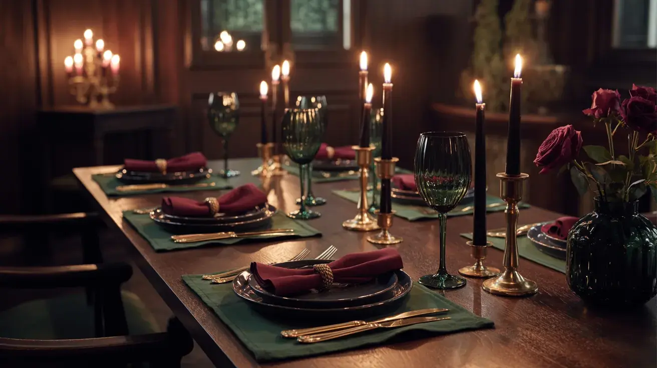 Dark, moody table setting with emerald and burgundy accents, black details, and candlelight