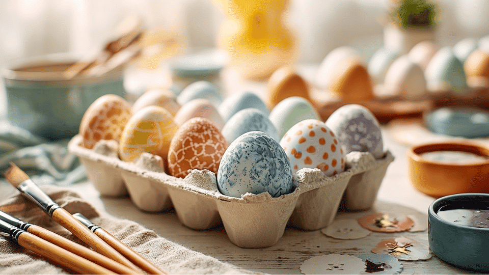 Decorated Easter eggs on table with dye bowls and brushes.