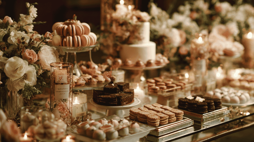 Luxury wedding dessert table filled with pastries, macarons, and floral decorations