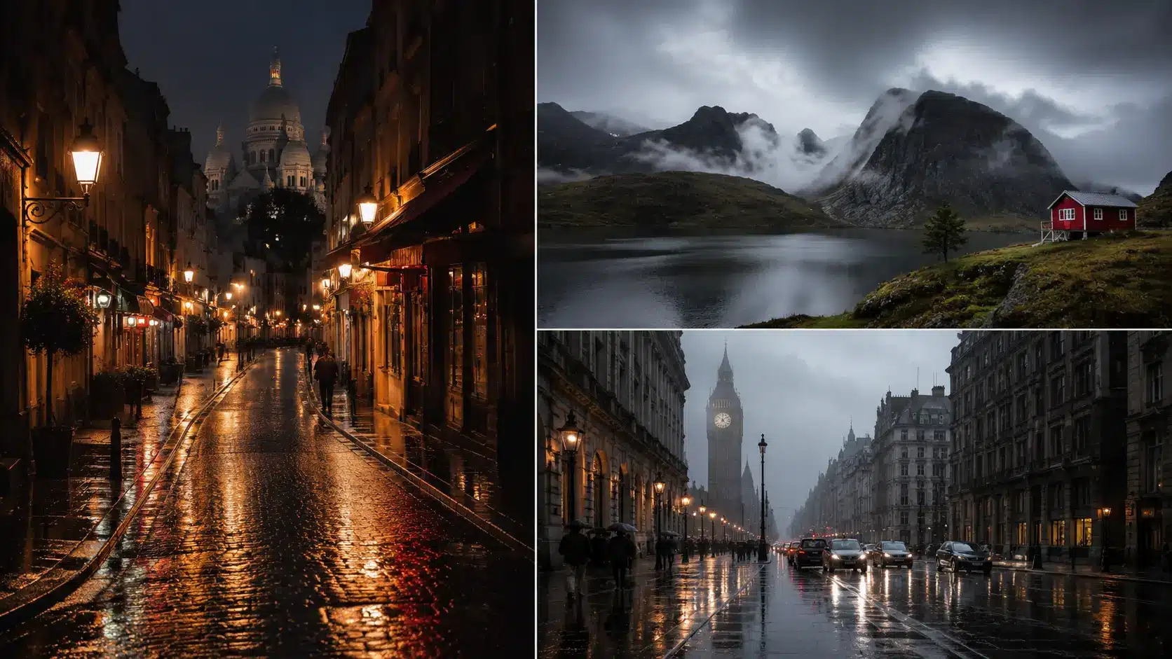 Different weather conditions showing rain, fog, and overcast travel scenes