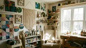 Art studio corner with DIY paintings, yarn, brushes, and natural light coming through a window, cozy creative space.