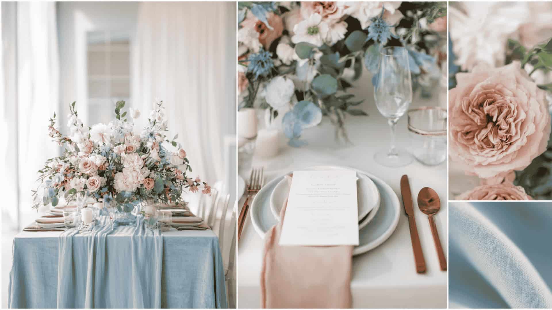 Dusty blue and blush pink wedding decor grid with florals, arch, and table styling