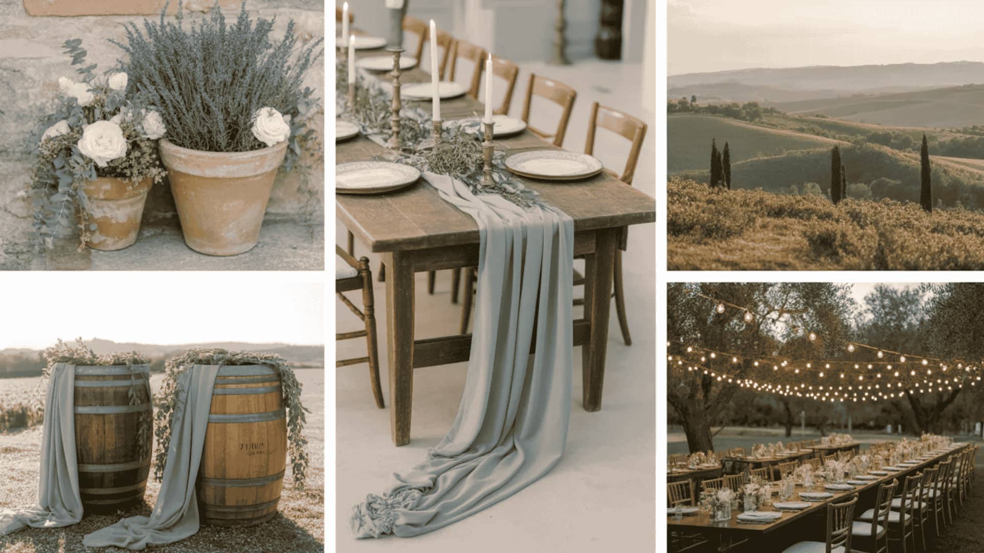Dusty sage and terracotta wedding decor with rustic tables and Tuscan details